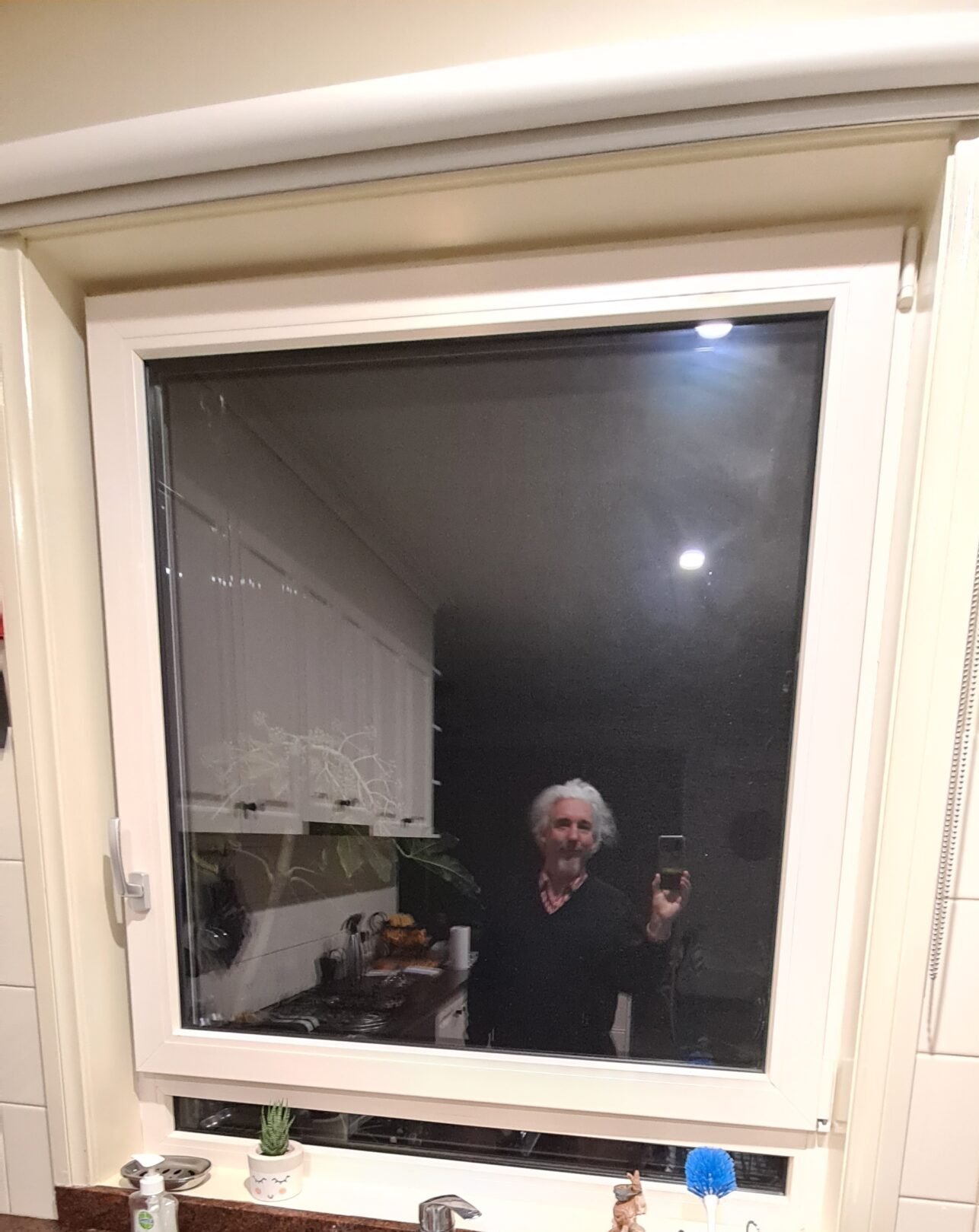 Author reflected in double glazed kitchen window